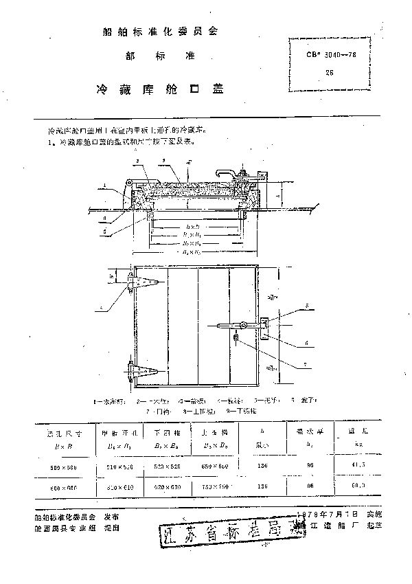 冷藏库舱口盖 (CB 3040-1978）