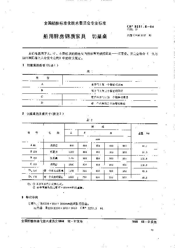 船用厨房钢质家具  切菜桌 (CB 3231.3-1984）