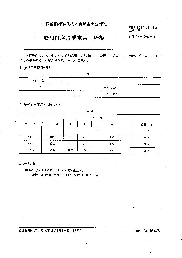 船用厨房钢质家具  壁柜 (CB 3231.5-1984）