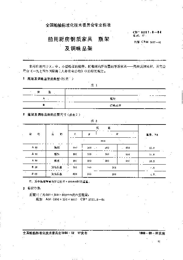 船用厨房钢质家具  瓶架及调味品架 (CB 3231.8-1984）