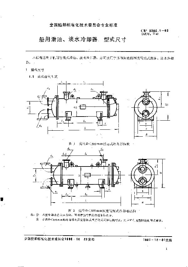 船用滑油、淡水冷却器  型式尺寸 (CB 3300.1-1986）