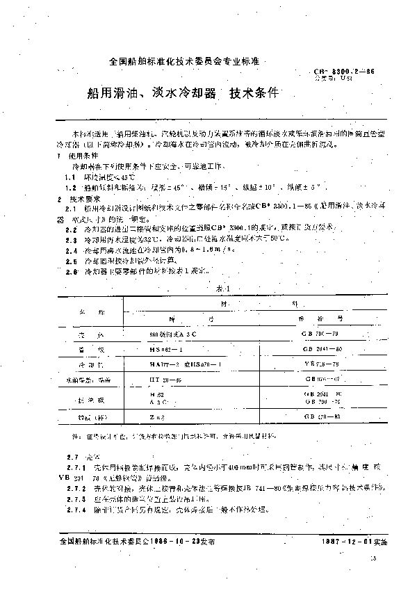 船用滑油、淡水冷却器  技术条件 (CB 3300.2-1986）