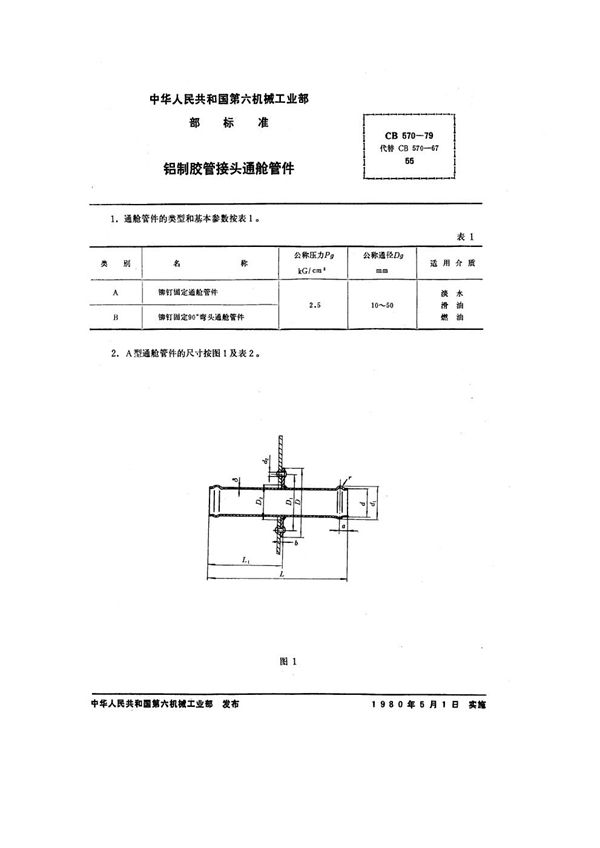 铝制胶管接头通舱管件 (CB 570-1979)