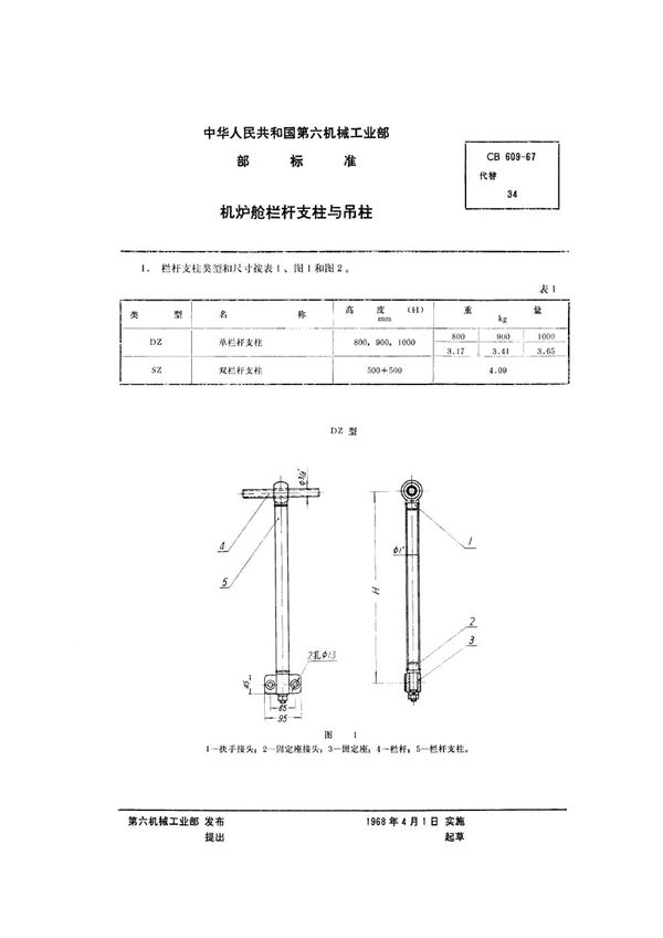 机炉舱栏杆支柱与吊柱 (CB 609-1967）