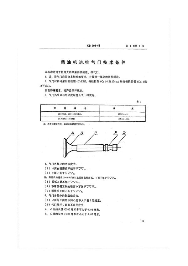 柴油机进、排气门技术条件 (CB 704-1968）