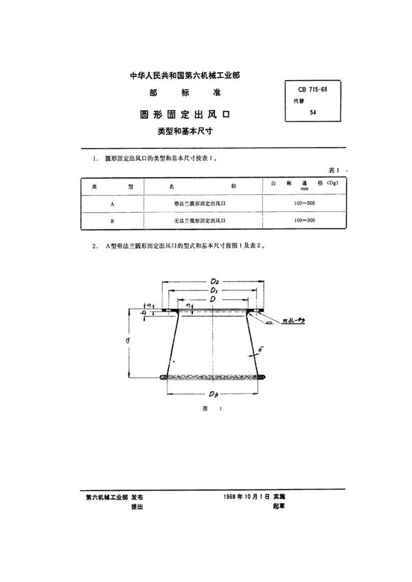 圆形固定出风口类型和基本尺寸 (CB 715-1968）