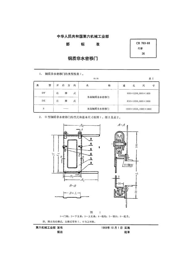 钢质非水密移门 (CB 763-1968）