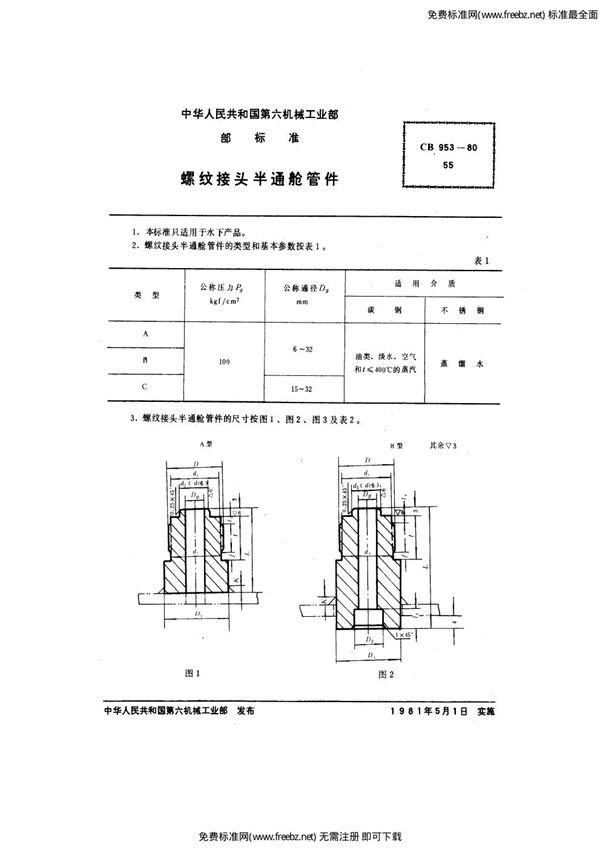 螺纹接头半通舱管件 (CB 953-1980)