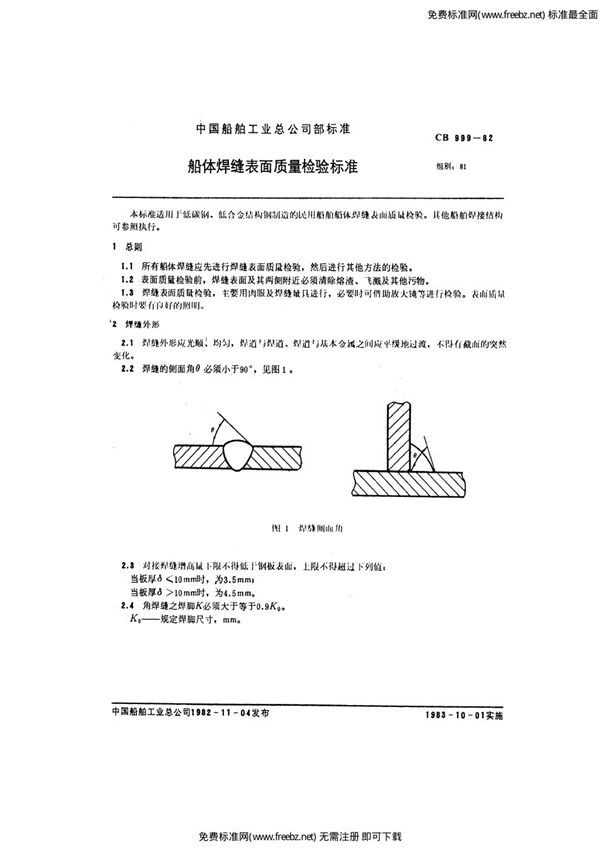 船体焊缝表面质量检验标准 (CB 999-1982)