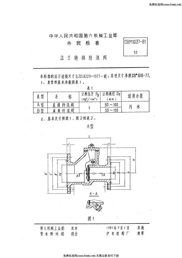 法兰铸钢防浪阀 (CBM 1037-1981)