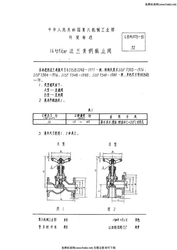 16kgf-cm2法兰青铜截止阀 (CBM 1075-1981)