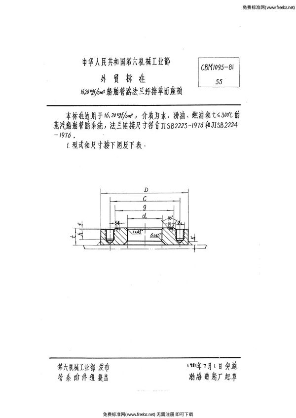 16、20kgf/cm2船舶管路法兰焊接单面座板 (CBM 1095-1981)