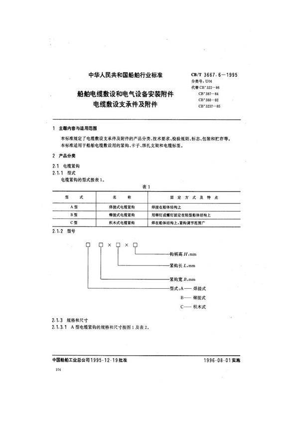 船舶电缆敷设和电气设备安装附件 电缆敷设支承件及附件 (CB/T 3667.6-1995）