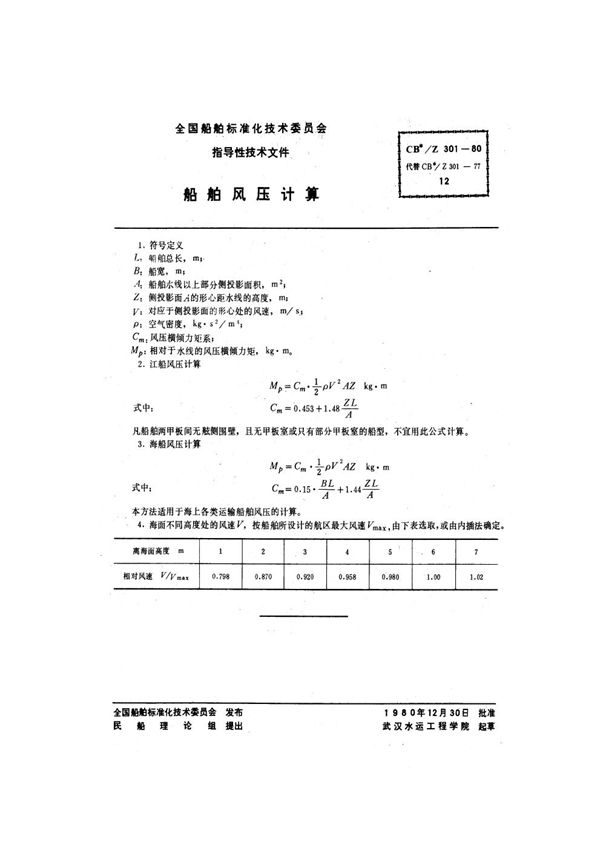 船舶风压计算 (CB/Z 301-1980）