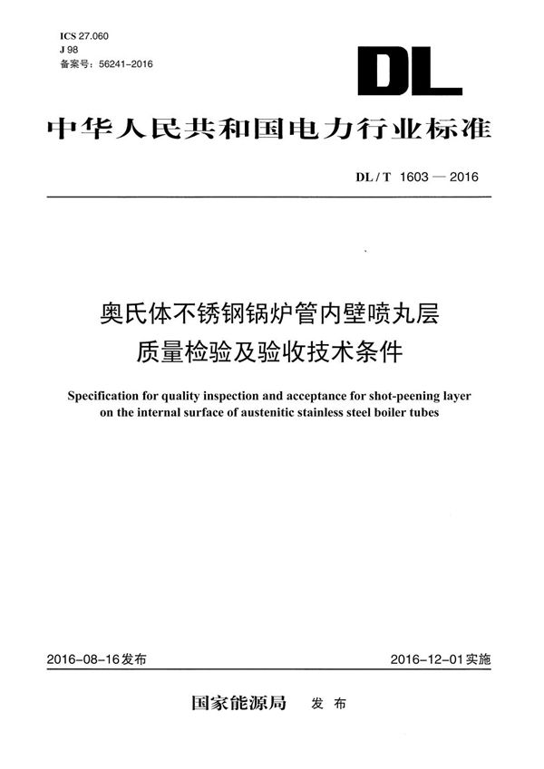 奥氏体不锈钢锅炉管内壁喷丸层质量检验及验收技术条件 (DL/T 1603-2016）