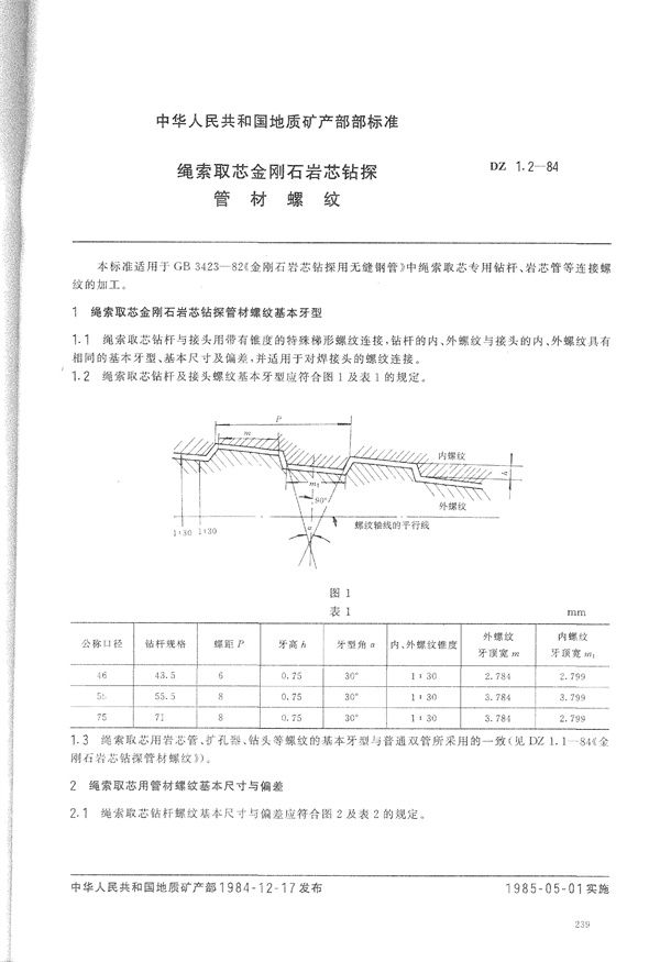 绳索取芯金刚石岩芯钻探管材螺纹 (DZ 1.2-1984)