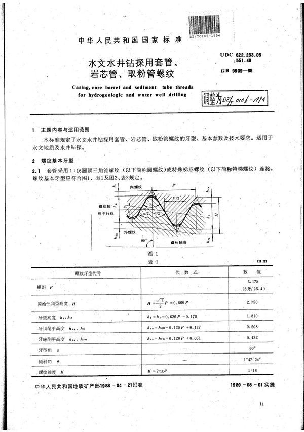 水文水井钻探用套管、岩心管、取粉管螺纹 (DZ/T 0106-1994）