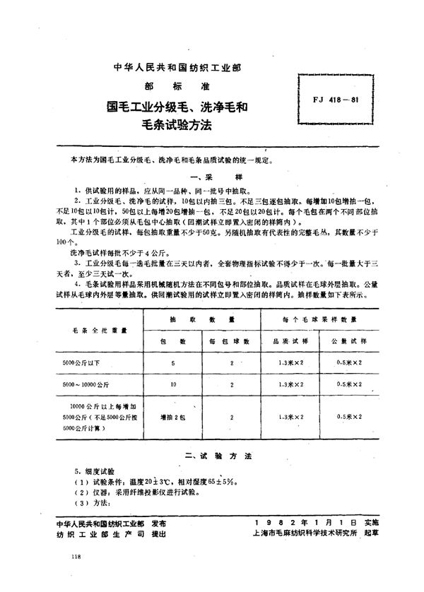 国毛工业分级毛、洗净毛和毛条试验方法 (FJ 418-1981)