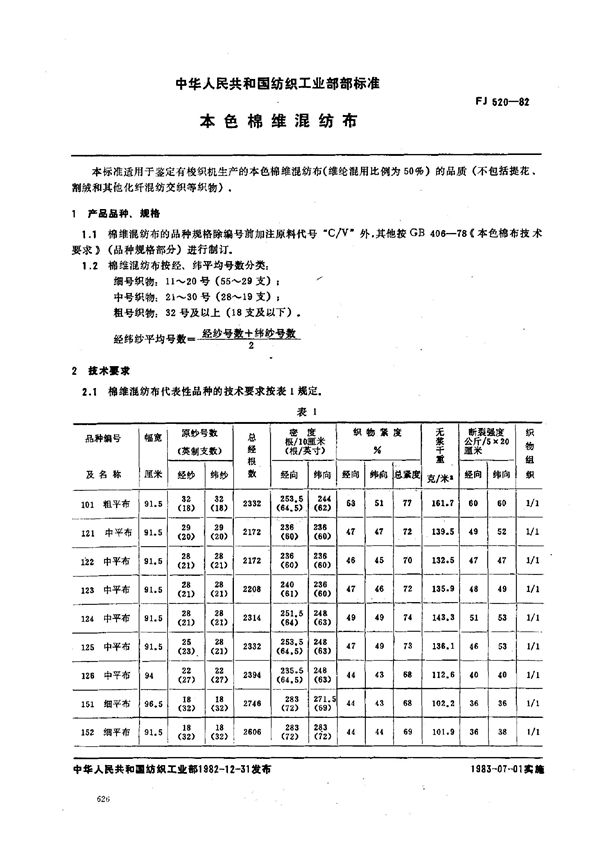 本色棉维混纺布 (FJ 520-1982)