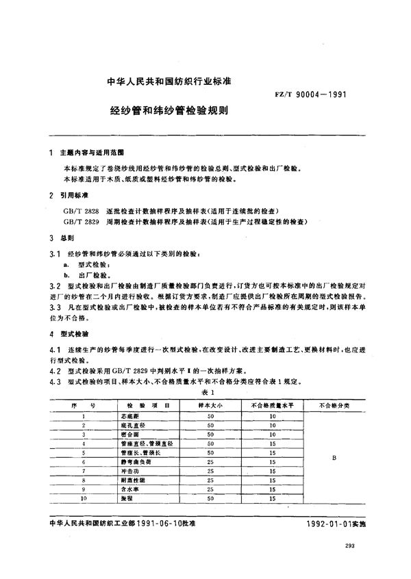 经纱管和纬纱管检验规则 (FZ 90004-1991）