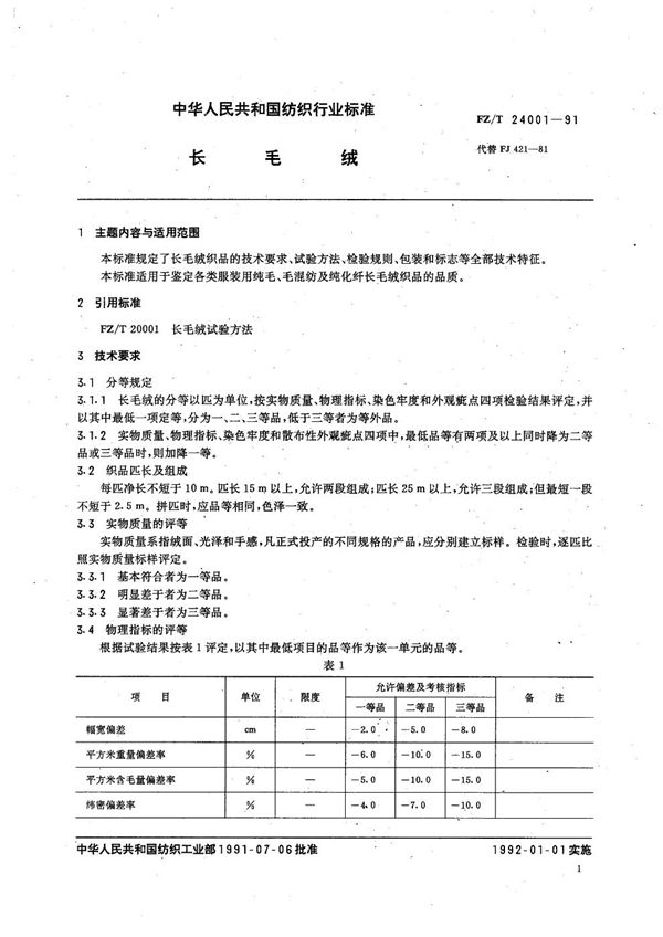 长毛绒 (FZ/T 24001-1991）