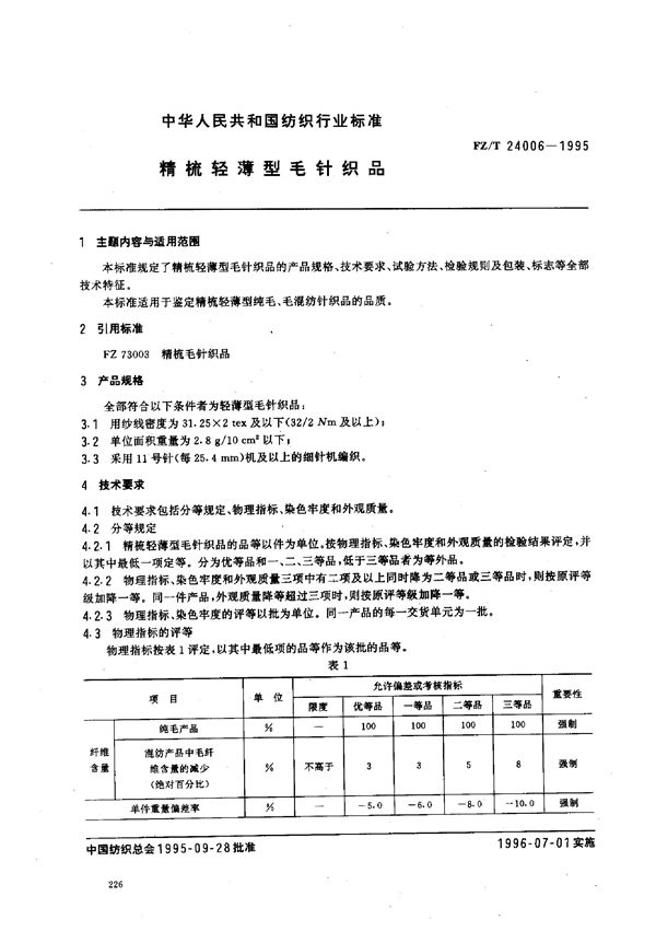 精梳轻薄型毛针织品 (FZ/T 24006-1995）