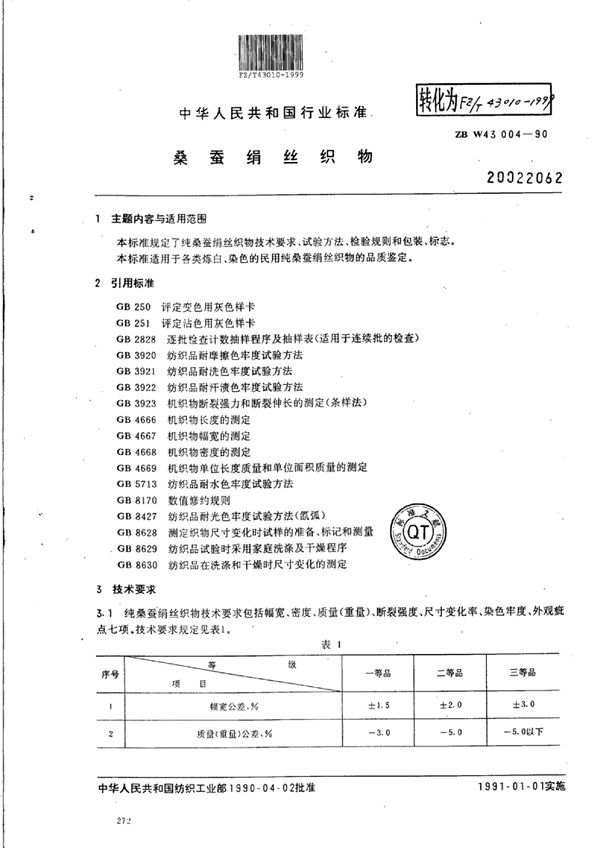 桑蚕绢丝织物 (FZ/T 43010-1999)