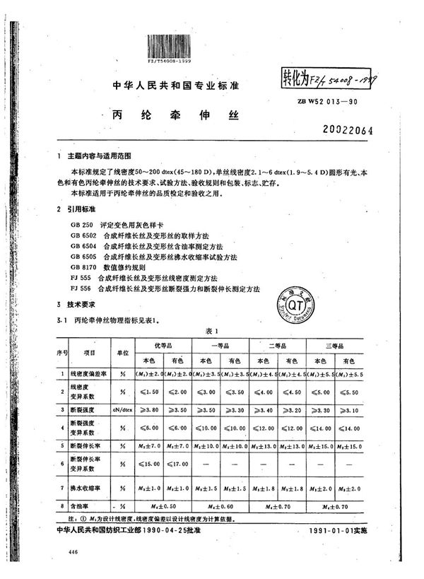 丙纶牵伸丝 (FZ/T 54008-1999)