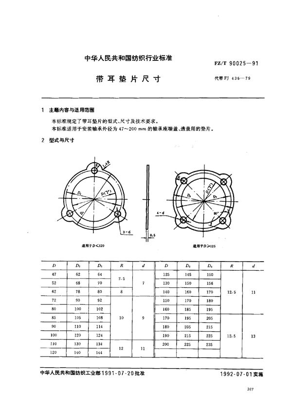 带耳垫片尺寸 (FZ/T 90025-1991)