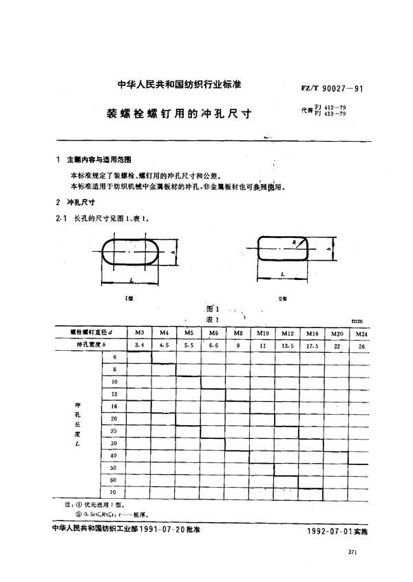 装螺栓螺钉用的冲孔尺寸 (FZ/T 90027-1991)