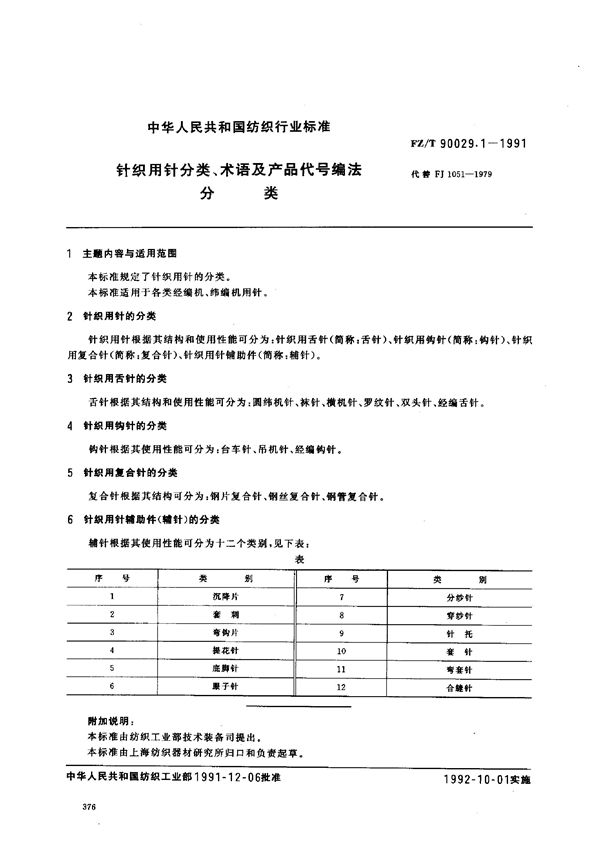 针织用针分类 术语及产品代号编法分类 (FZ/T 90029.1-1991)