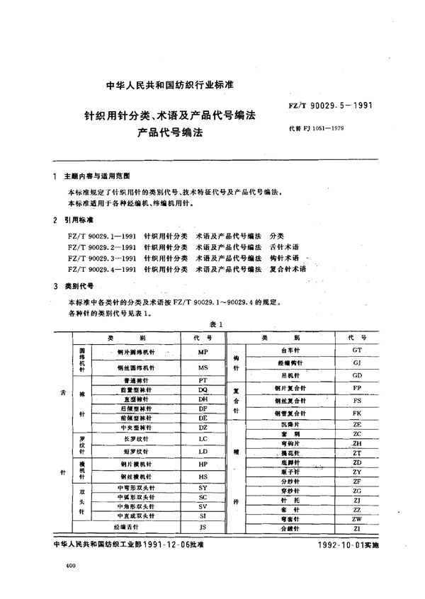 针织用针分类 术语及产品代号编法 分类 (FZ/T 90029.5-1991)