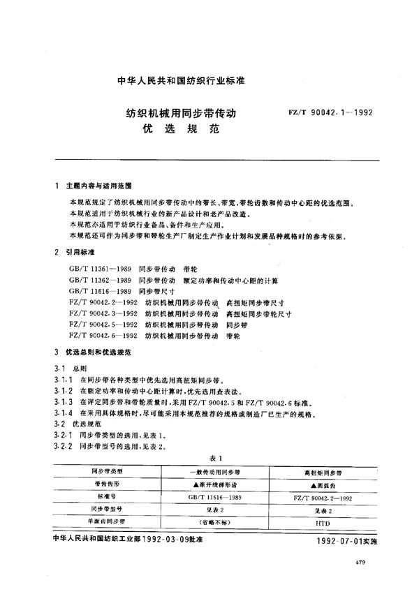 纺织机械用同步带传动 优选规范 (FZ/T 90042.1-1992)