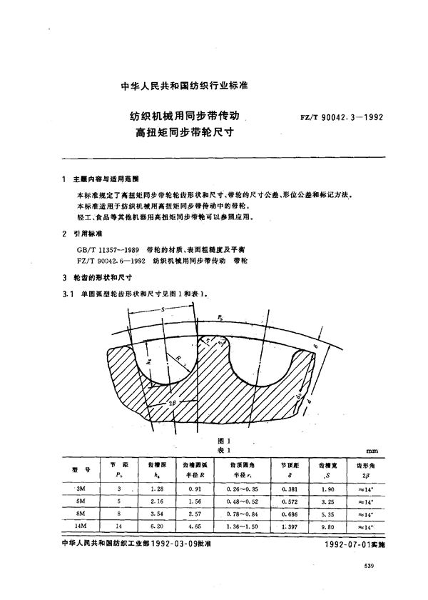 纺织机械用同步带传动 高扭矩同步带轮尺寸 (FZ/T 90042.3-1992)