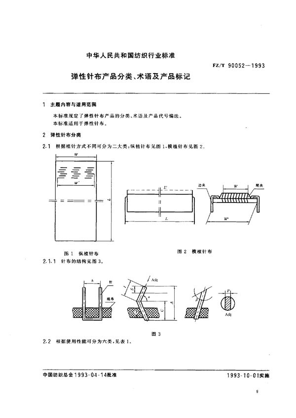 弹性针布产品分类 术语及产品标记 (FZ/T 90052-1993)