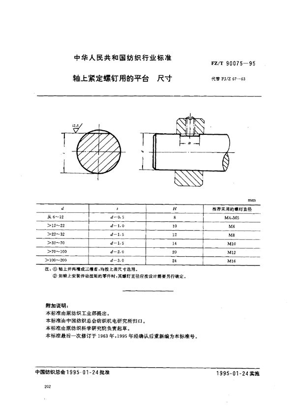 轴上紧定螺钉用的平台 尺寸 (FZ/T 90075-1995)