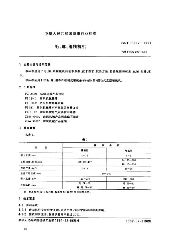 毛、麻、绢精梳机 (FZ/T 93012-1991)