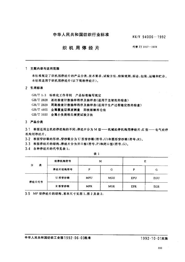 织机用停经片 (FZ/T 94006-1992)