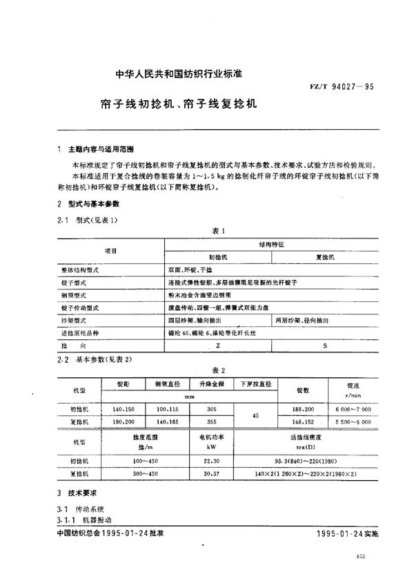 帘子线初捻机、帘子线复捻机 (FZ/T 94027-1995)