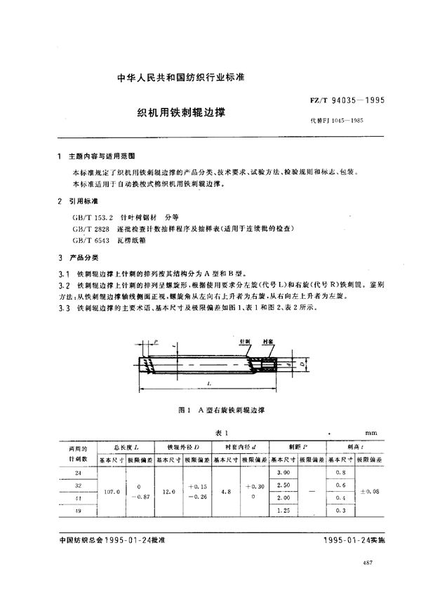 织机用铁剌辊边撑 (FZ/T 94035-1995)