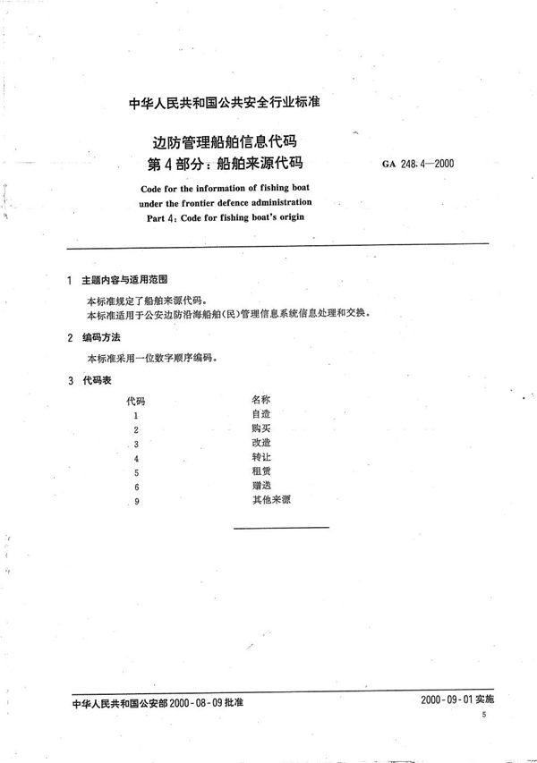 边防管理船舶信息代码 第4部分：船舶来源代码 (GA 248.4-2000）