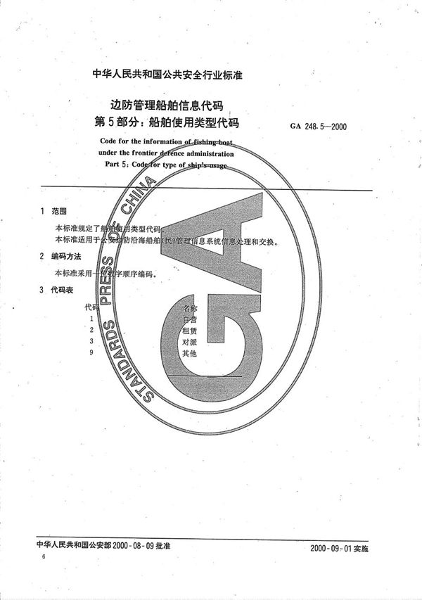 边防管理船舶信息代码 第5部分：船舶使用类型代码 (GA 248.5-2000）