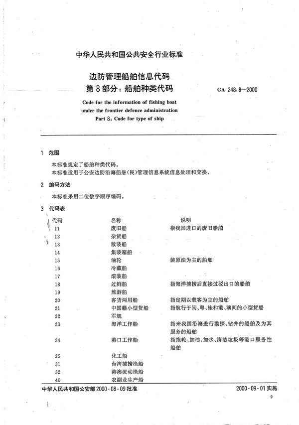 边防管理船舶信息代码 第8部分：船舶种类代码 (GA 248.8-2000）