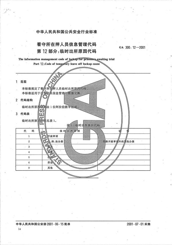 看守所在押人员信息管理代码  第12部分：临时出所原因代码 (GA 300.12-2001）