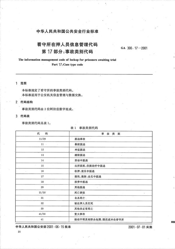 看守所在押人员信息管理代码  第17部分：事故类别代码 (GA 300.17-2001）