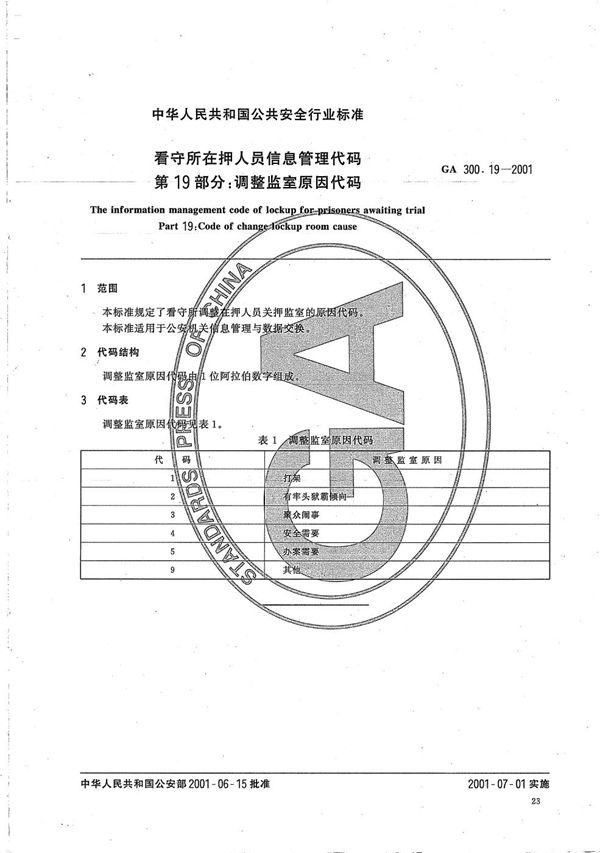 看守所在押人员信息管理代码 第19部分：调整监室原因代码 (GA 300.19-2001）