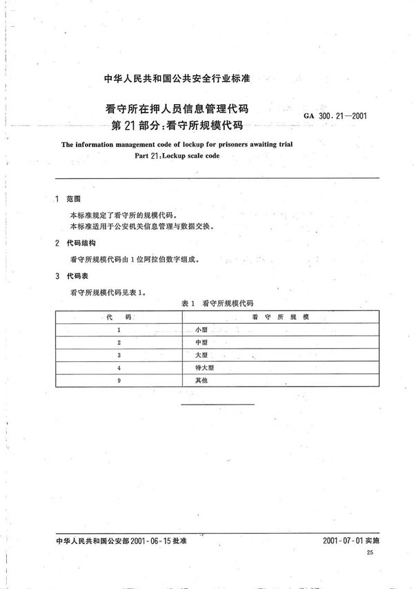 看守所在押人员信息管理代码 第21部分：看守所规模代码 (GA 300.21-2001）