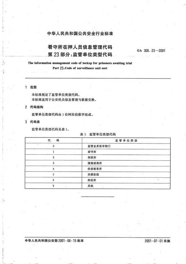 看守所在押人员信息管理代码 第23部分：监管单位类别代码 (GA 300.23-2001）