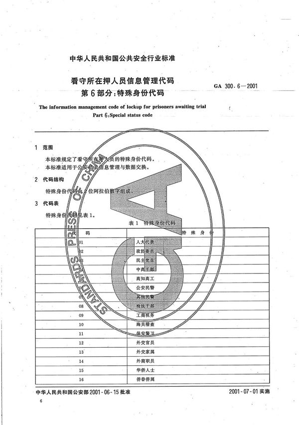 看守所在押人员信息管理代码 第6部分：特殊身份代码 (GA 300.6-2001）