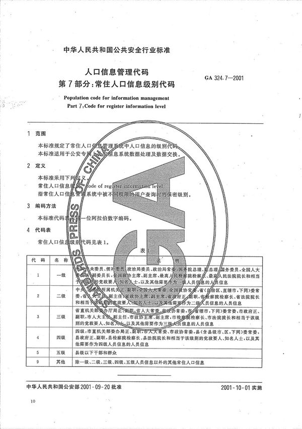 人口信息管理代码  第7部分：常住人口信息级别代码 (GA 324.7-2001）